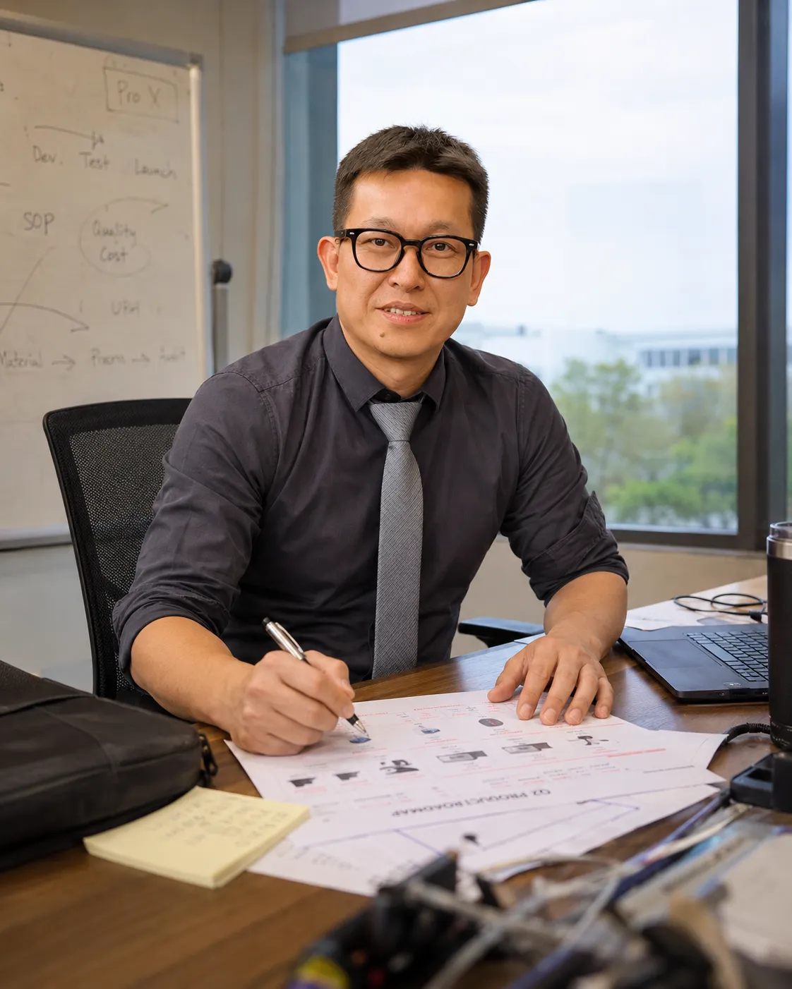 Peter Lin reviewing product and supplier-control materials in Shenzhen