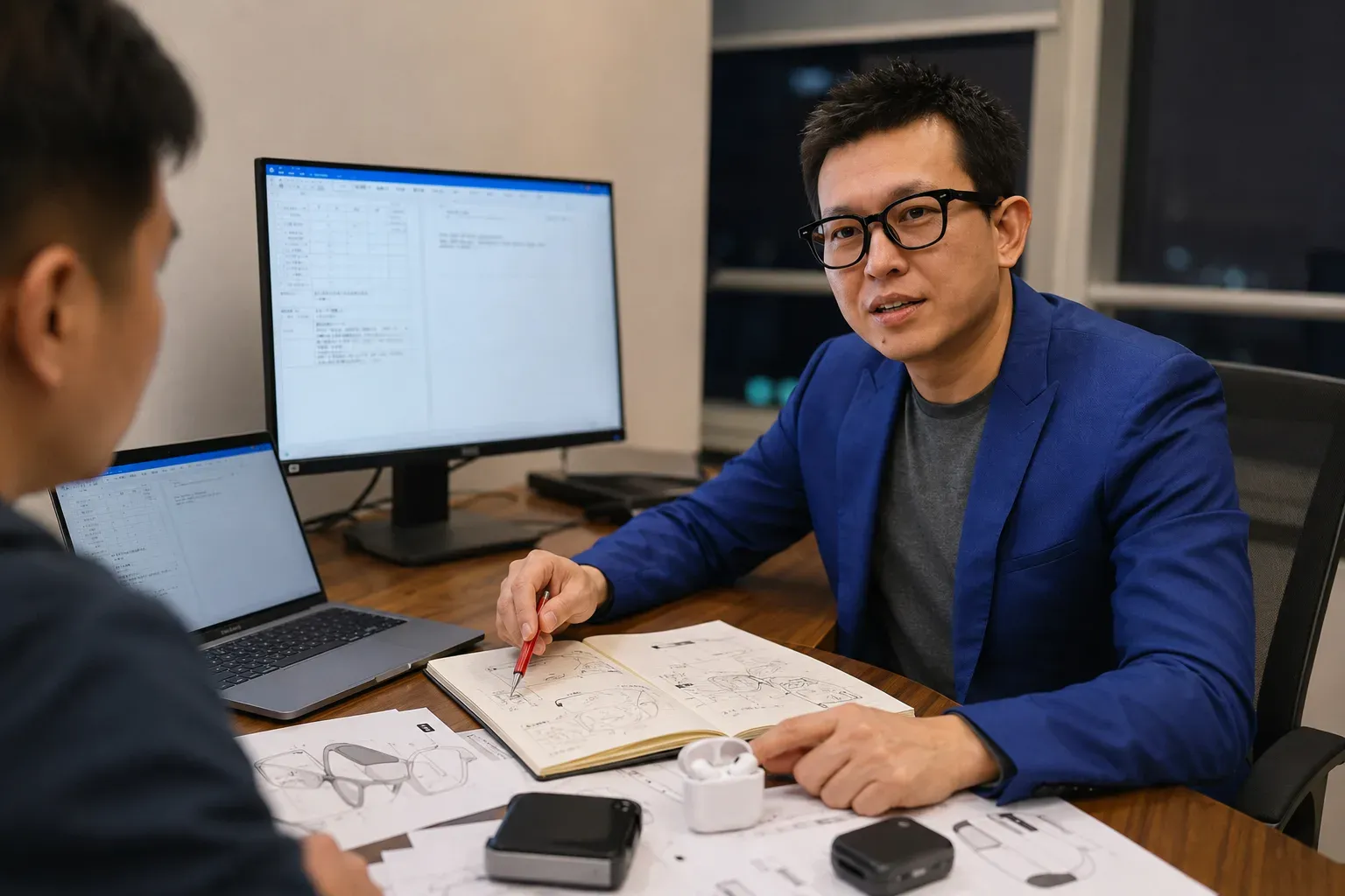 Peter Lin reviewing China supplier-control and product materials in Shenzhen