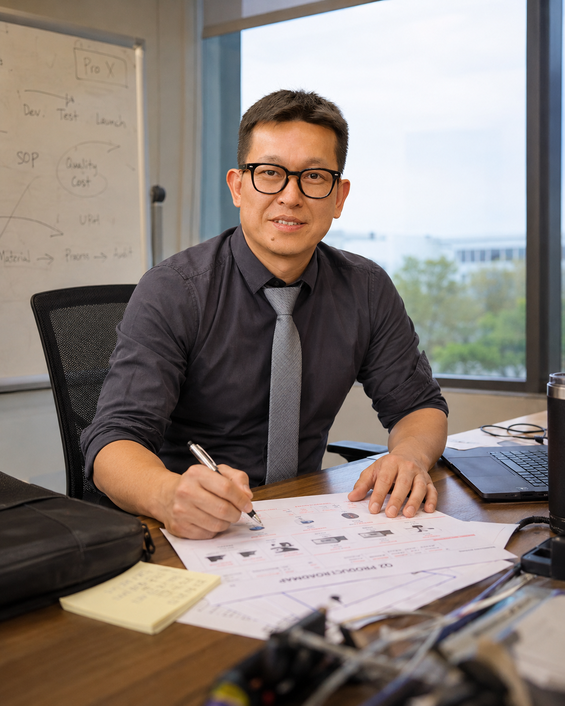 Peter Lin reviewing China supplier-control and product materials in Shenzhen