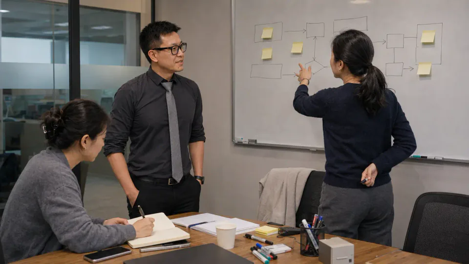 Team members discussing a workflow on a whiteboard