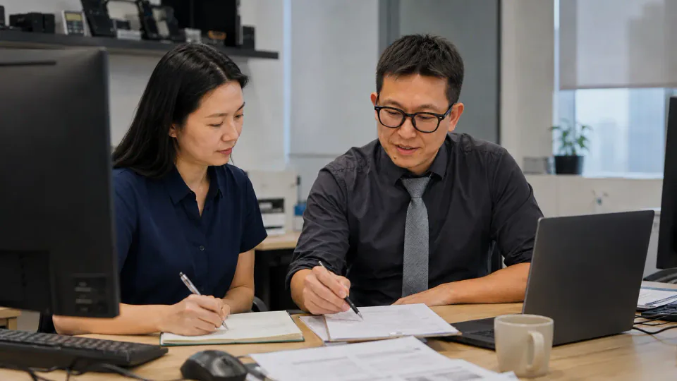 Two colleagues reviewing papers beside a laptop