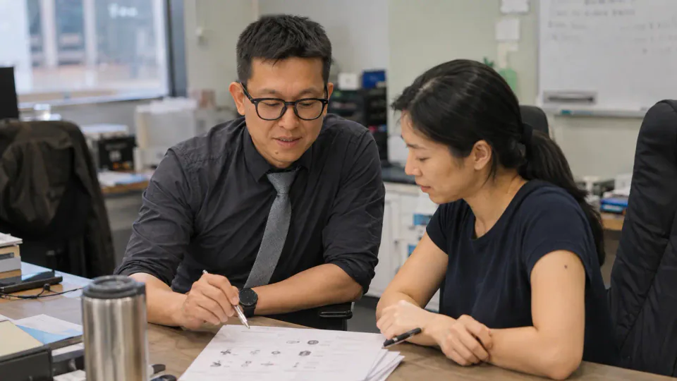 Two colleagues reviewing a document at a desk