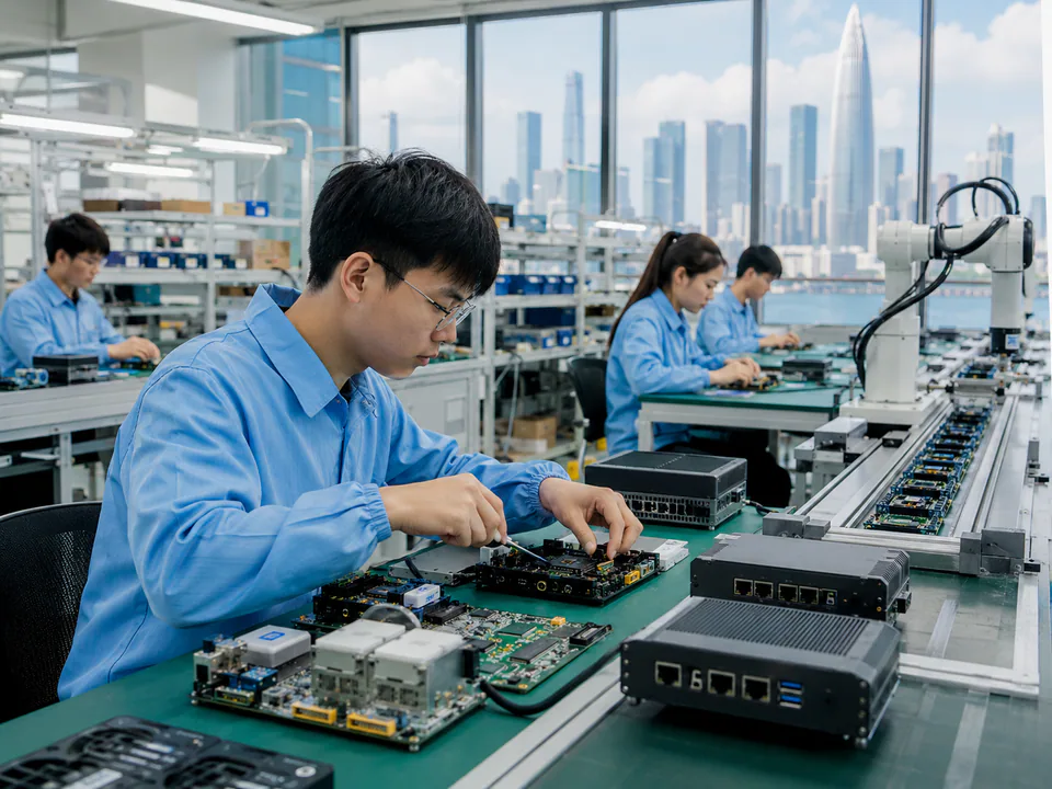 AI vision inspection and electronics hardware production workflow in a Shenzhen-style manufacturing environment