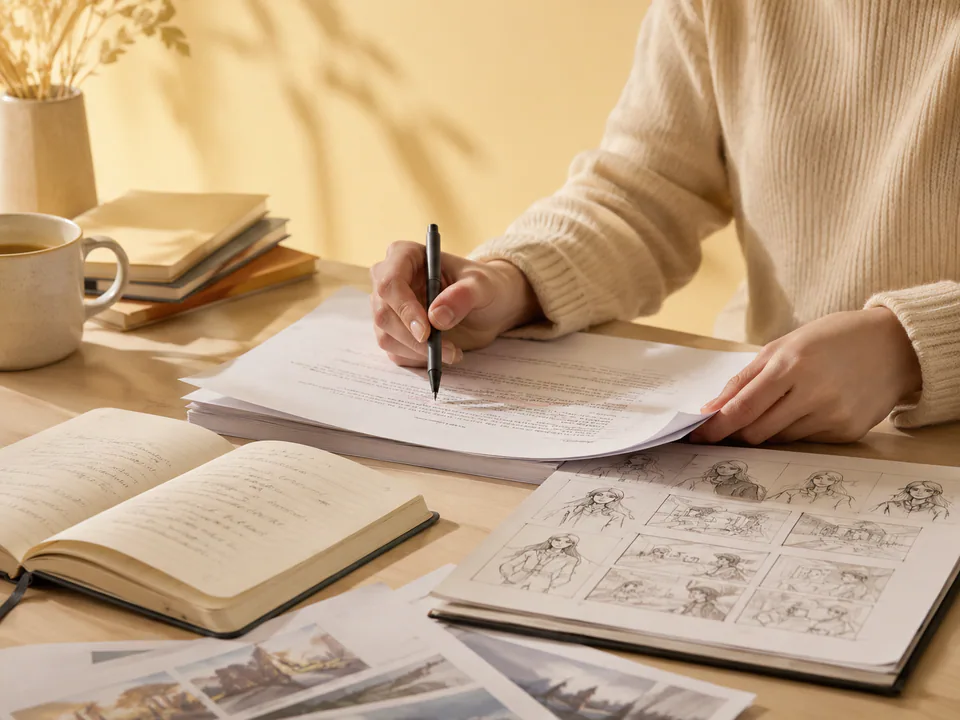 Story and character IP workspace with scripts, storyboard sketches and notes