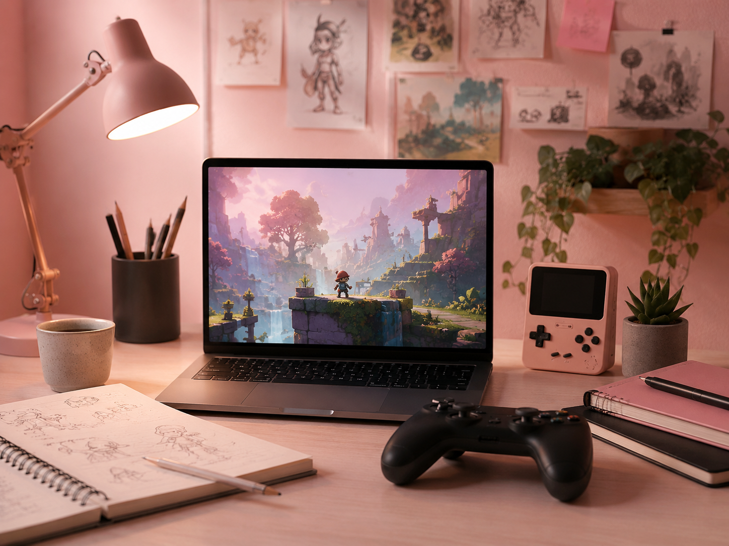 Indie digital game studio workspace with game concept materials